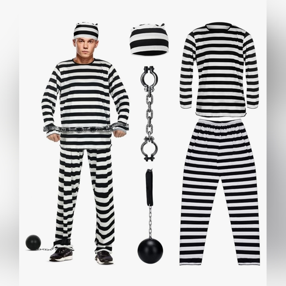 Newcotte 5 Pc Halloween Men Prisoner Costume Adult Stripped W/ Plastic Handcuffs